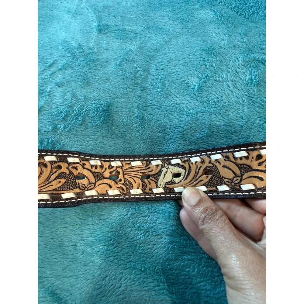 Ranch Pal Mens 36 Western Tooled Leather Belt Horse Floral Whipstitch Brown 8529